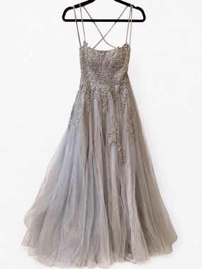 La Femme Silver Gray Embroidered Formal Gown